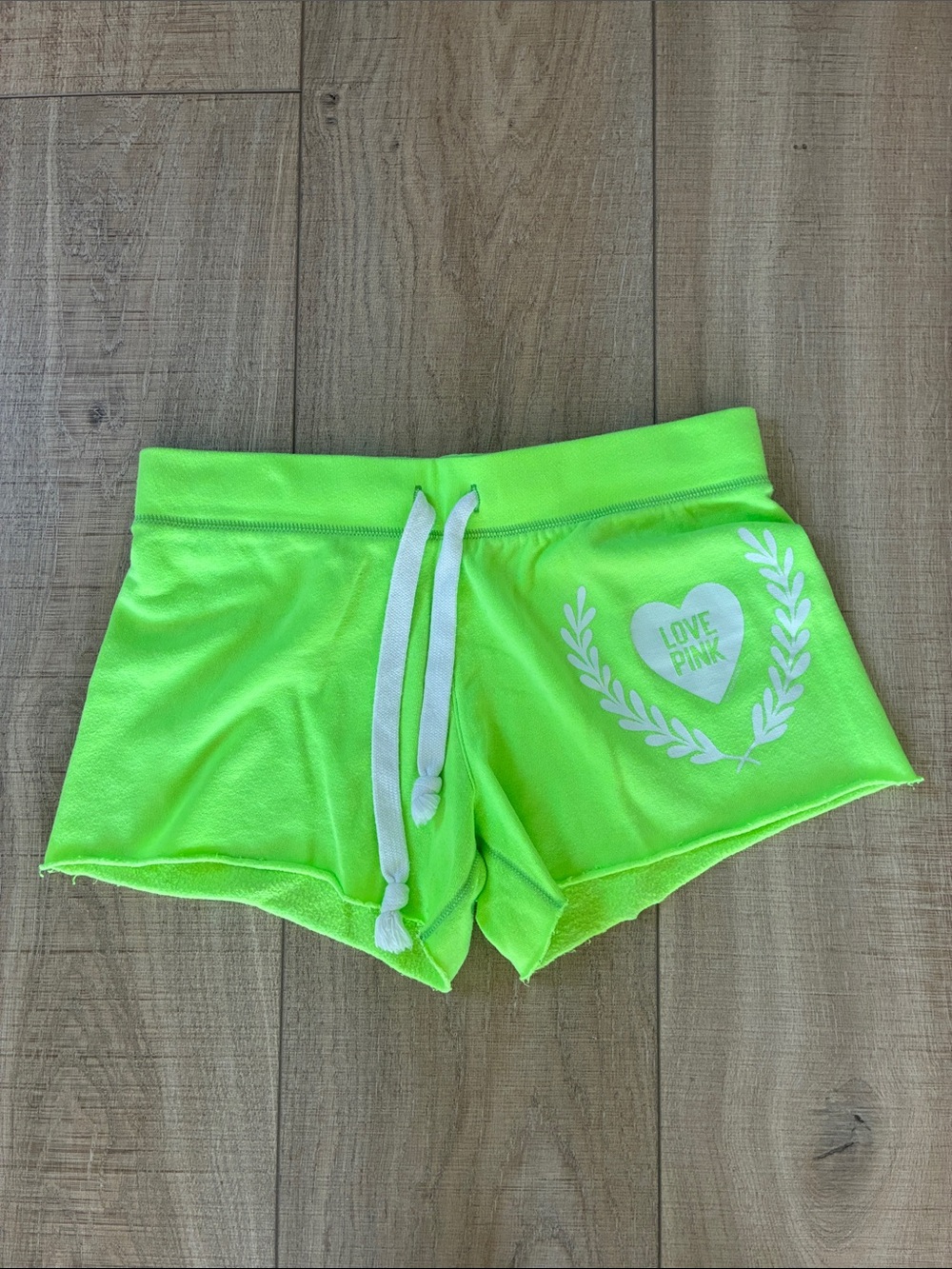 PINK Victoria's Secret Bright Neon Green Sweat Shorts with White Drawstring